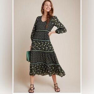 Anthropologie Black Floral Tiered Long Sleeve Maxi Dress